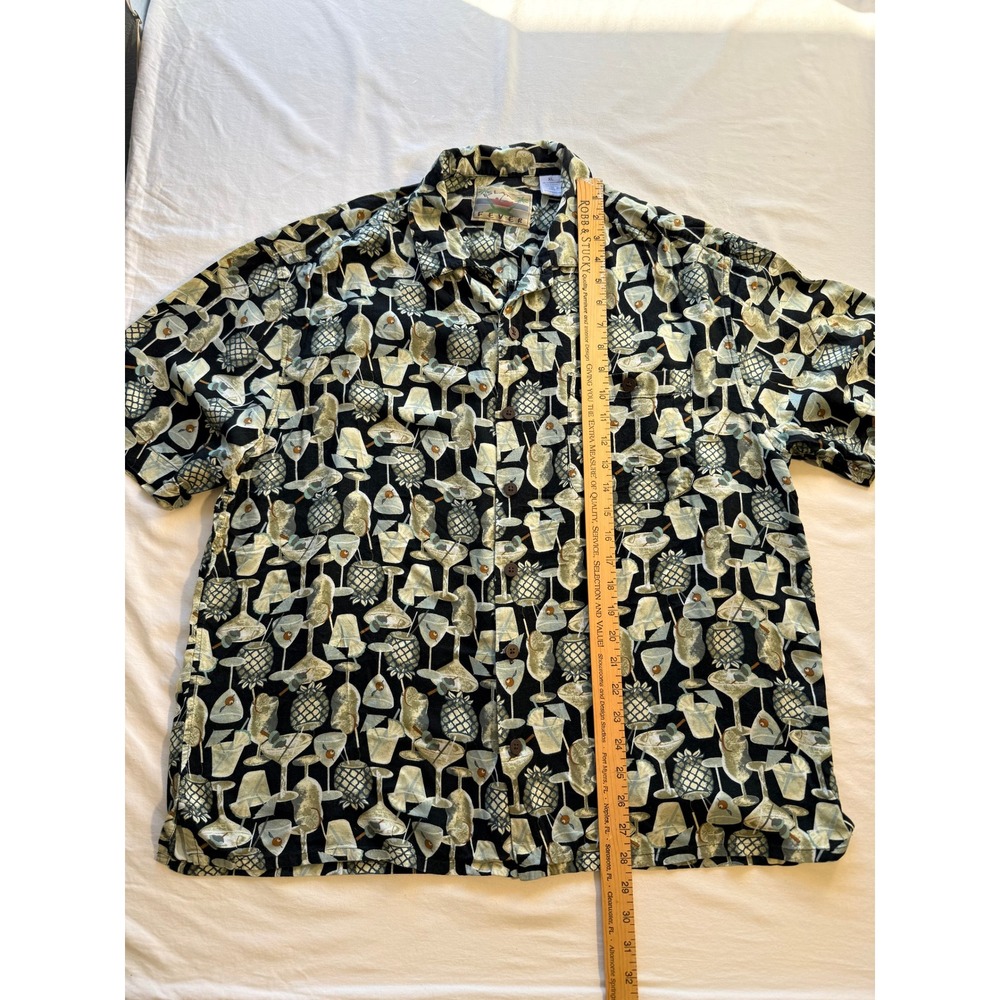Island Fever Mens XL Aloha Shirt Black Tropical Cocktail Pineapple Rayon Camp